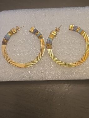 Gold Hoop Earrings with Multicolor Thread Accent